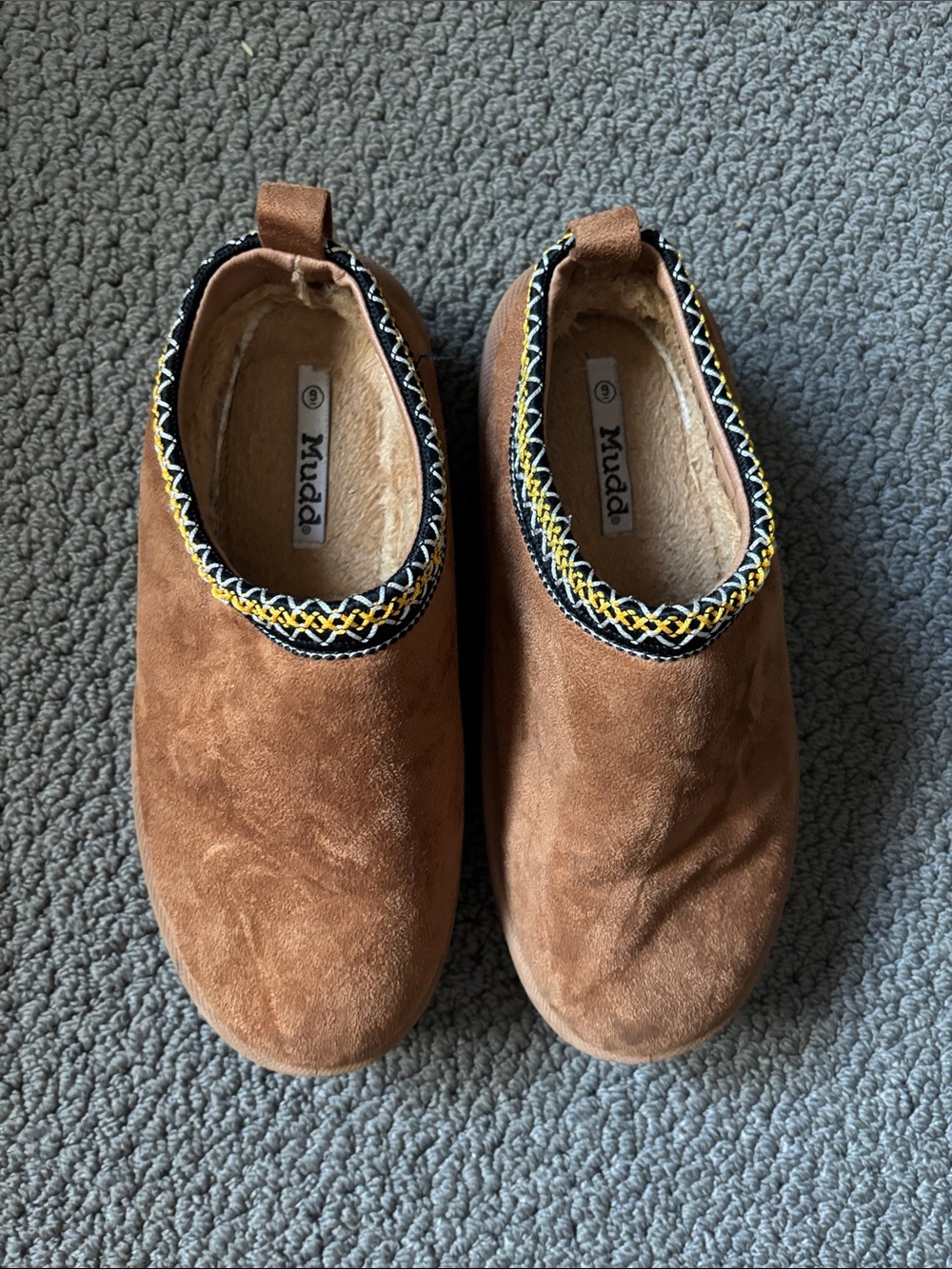 Mudd Brown Suede Slip-On Slippers with Black & Yellow Trim